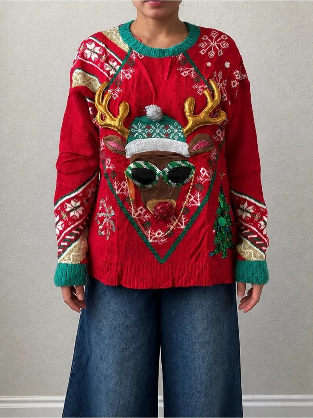 Festive Red Reindeer Holiday Sweater with Green Trim